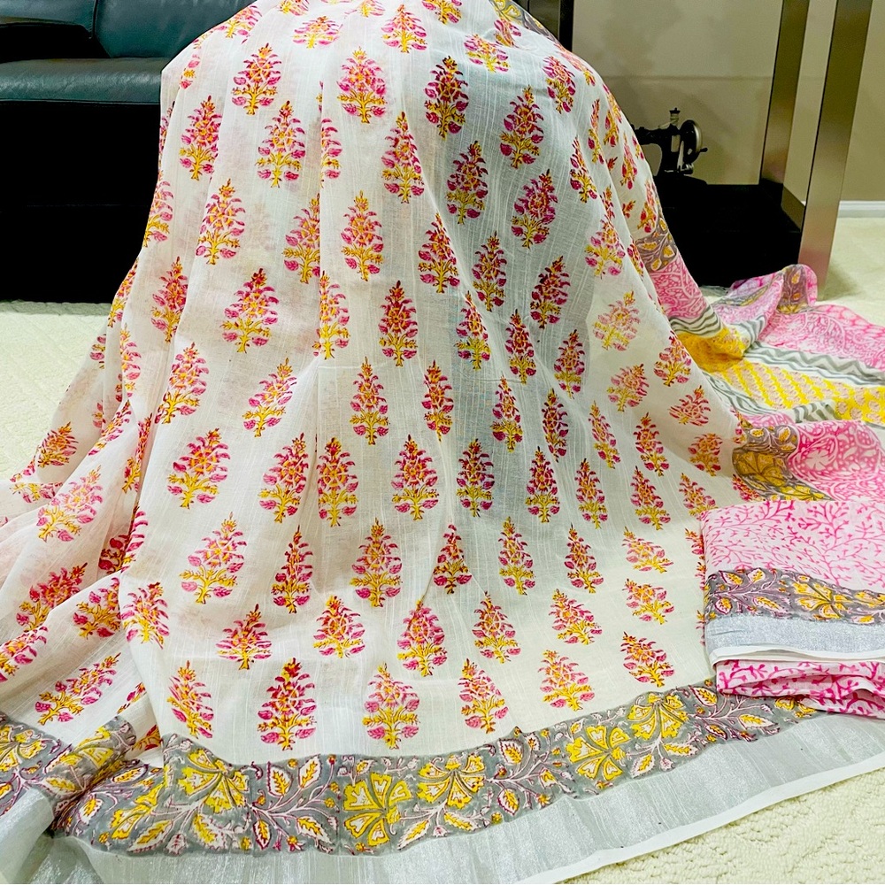 Jaipuri Bagru Hand block Printed Pure soft cotton Saree With  Unstitched Blouse